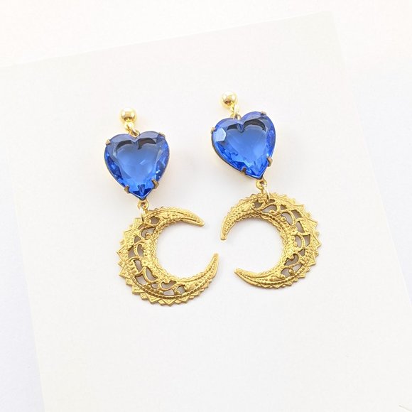 Blue Crystal Heart & Moon Earrings - Picture 3 of 3